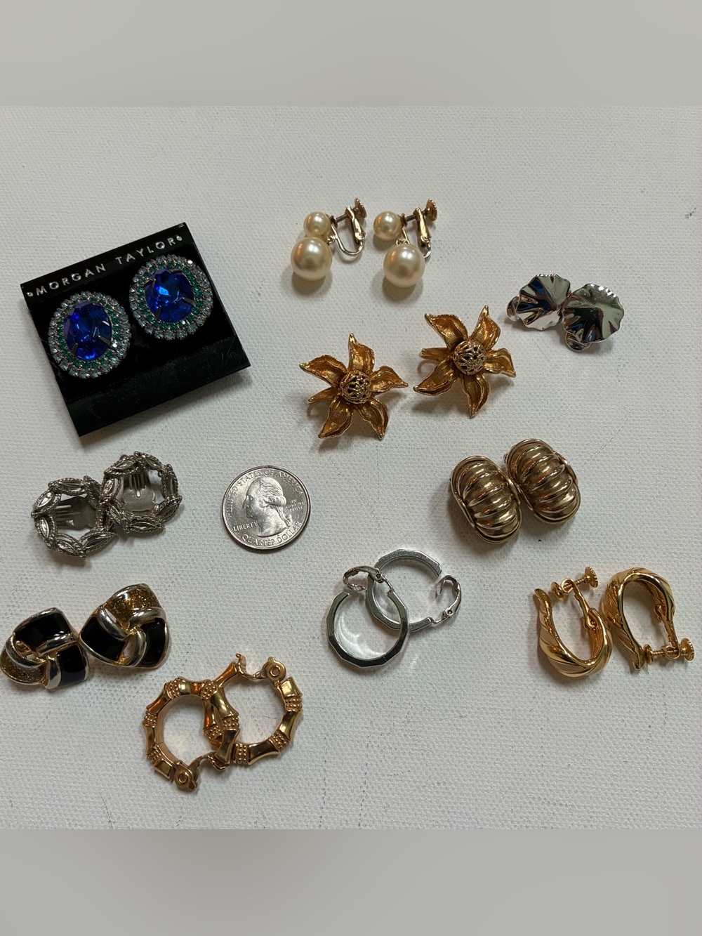 Clip earring, bundle gold, and silver tone and faux pearls
